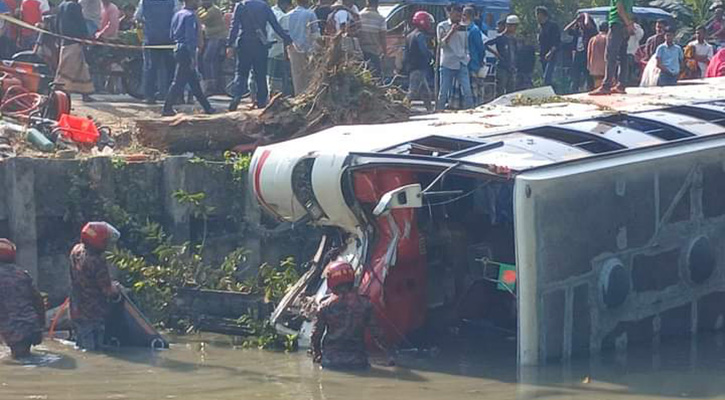 পথচারীকে চাপা দিয়ে বাস পুকুরে, নিহত ২